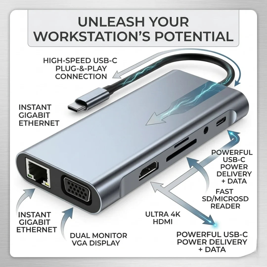 11-in-1 USB-C Hub Workstation - 4K HDMI, VGA, Gigabit Ethernet & PD Charging