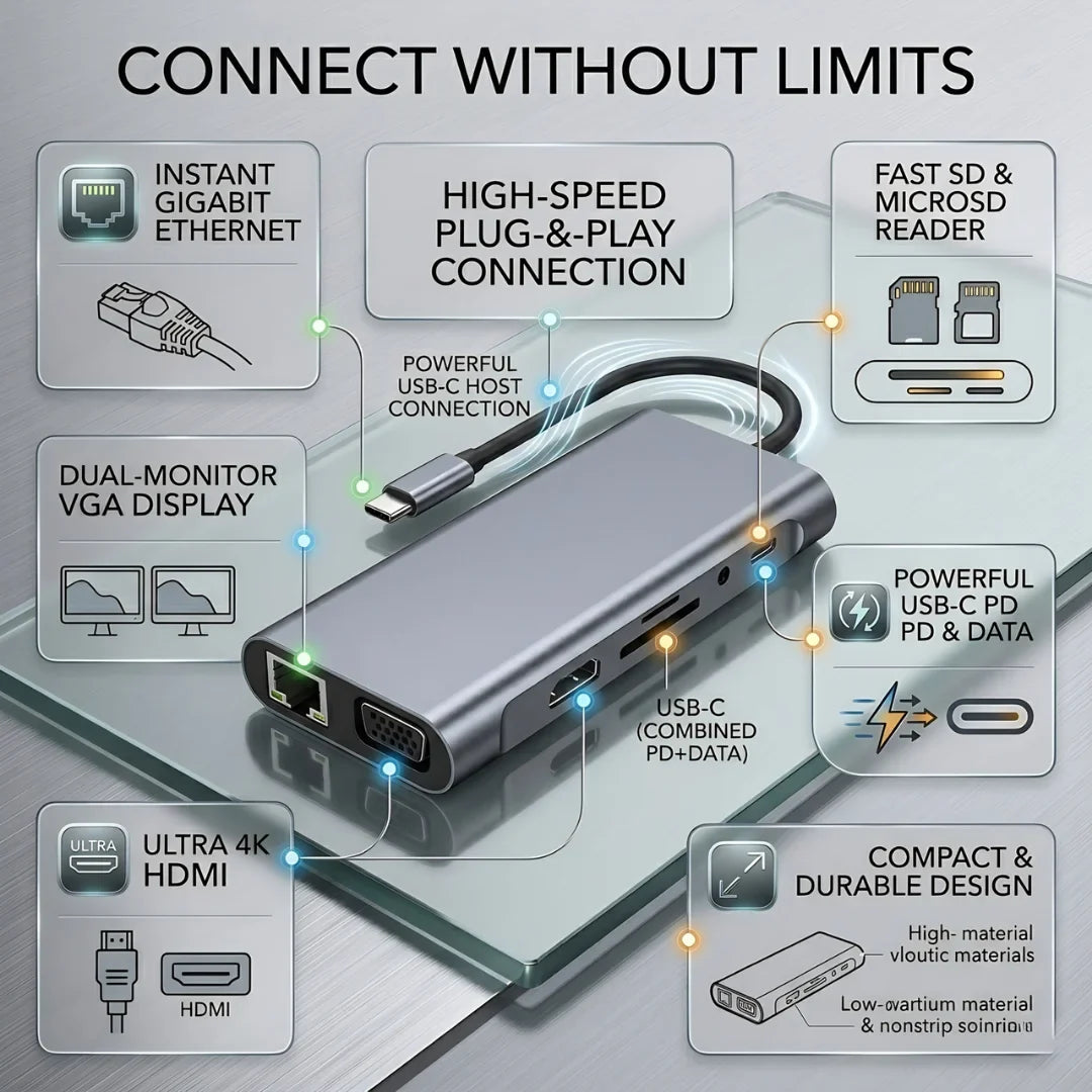 11-in-1 USB-C Hub Workstation - 4K HDMI, VGA, Gigabit Ethernet & PD Charging