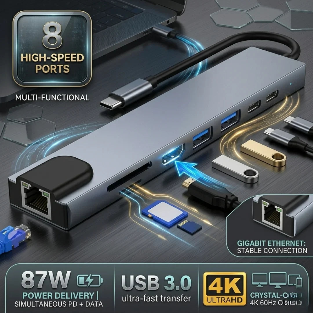 8-in-1 USB-C Hub Docking Station - 4K HDMI, Gigabit Ethernet & 87W PD Charging